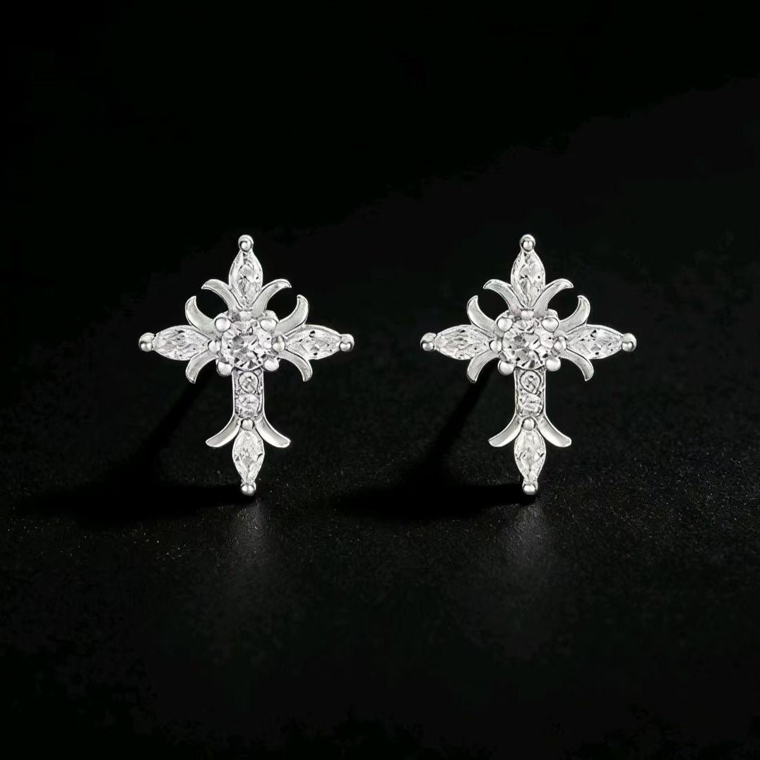925 Silver Floral Cross Earrings VVS Diamond Earrings