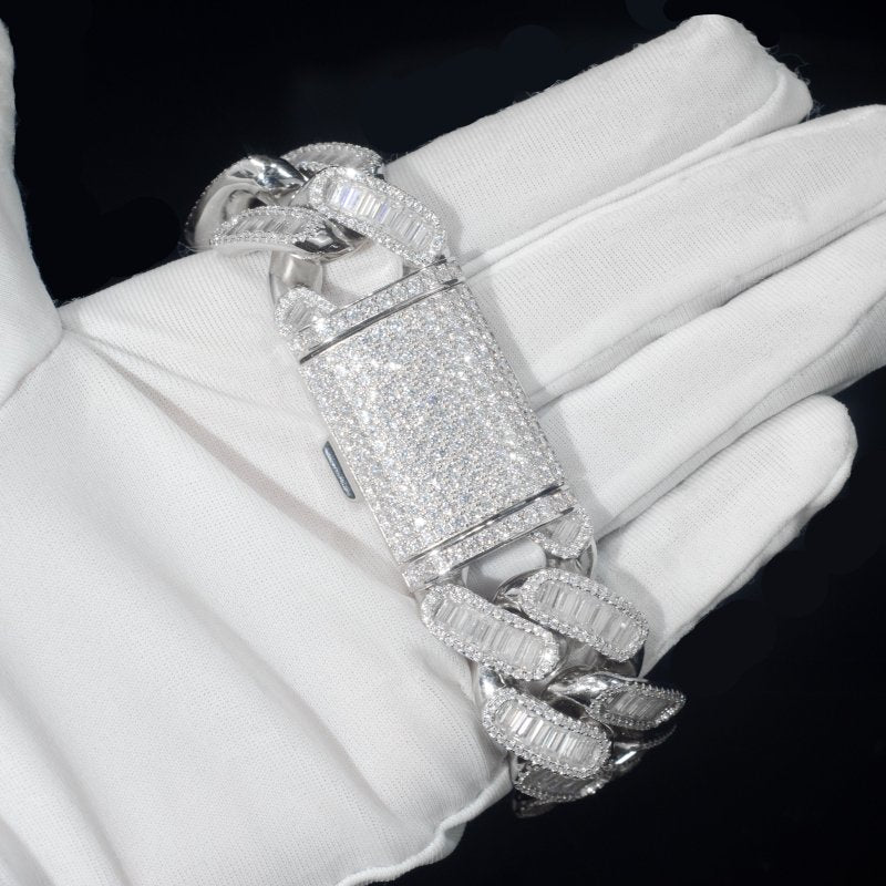 24mm Baguette VVS Diamond 925 Silver Moissanite Cuban Link Bracelet
