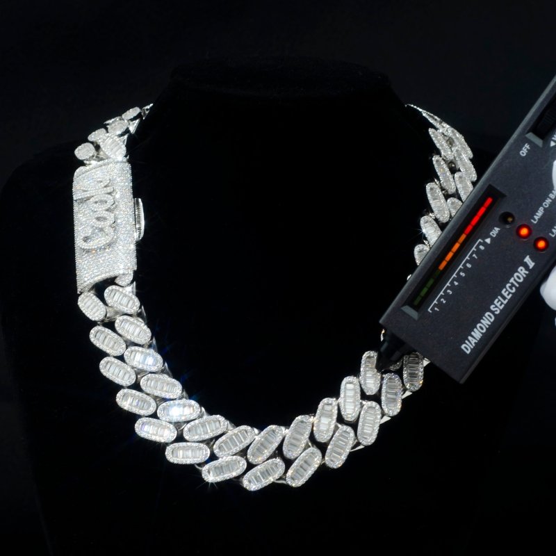 24mm Baguette VVS Diamond 925 Silver Moissanite Cuban Link Chain