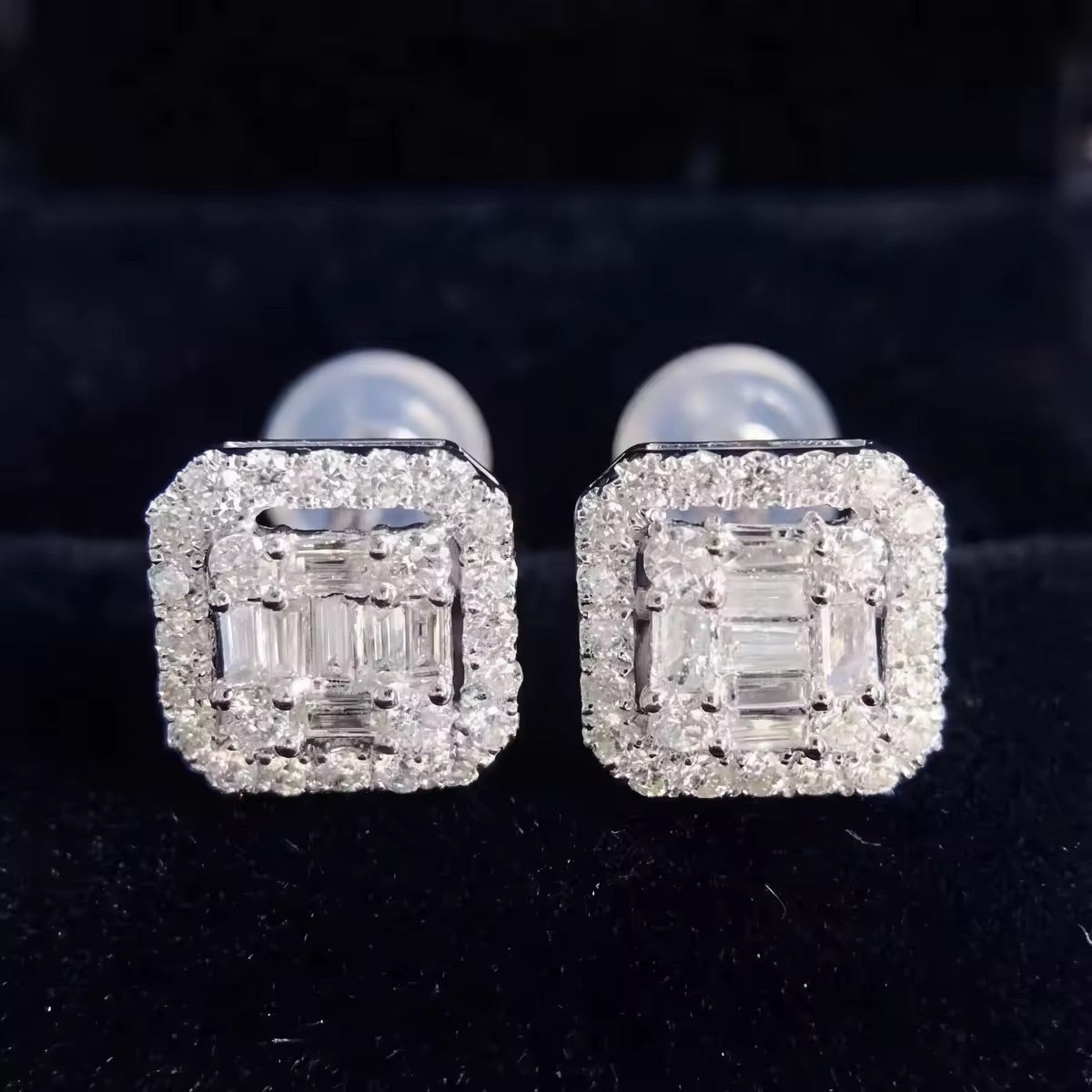 Boucles d'oreilles à tige en argent 925 glacé, forme ronde, taille baguette, forme carrée, halo