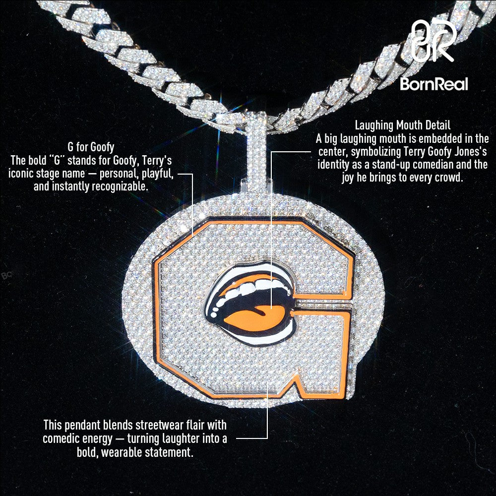 Bornreal x Terry Goofy Jones: Limited Edition Initial G Letter Enamel Mouth and Tongue Pendant VVS Moissanite Sterling Silver Pendant - Bornreal Jewelry