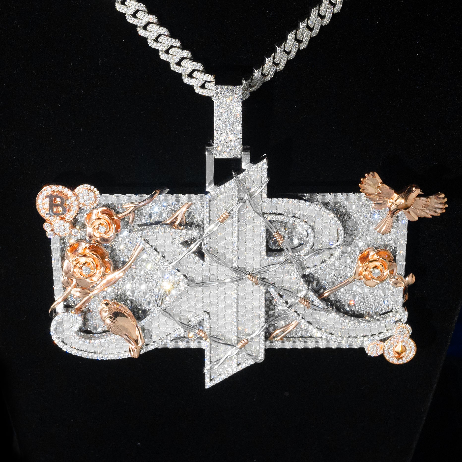 Custom Iced Two-Tone Moissanite Thorned Rose Cross Pendant