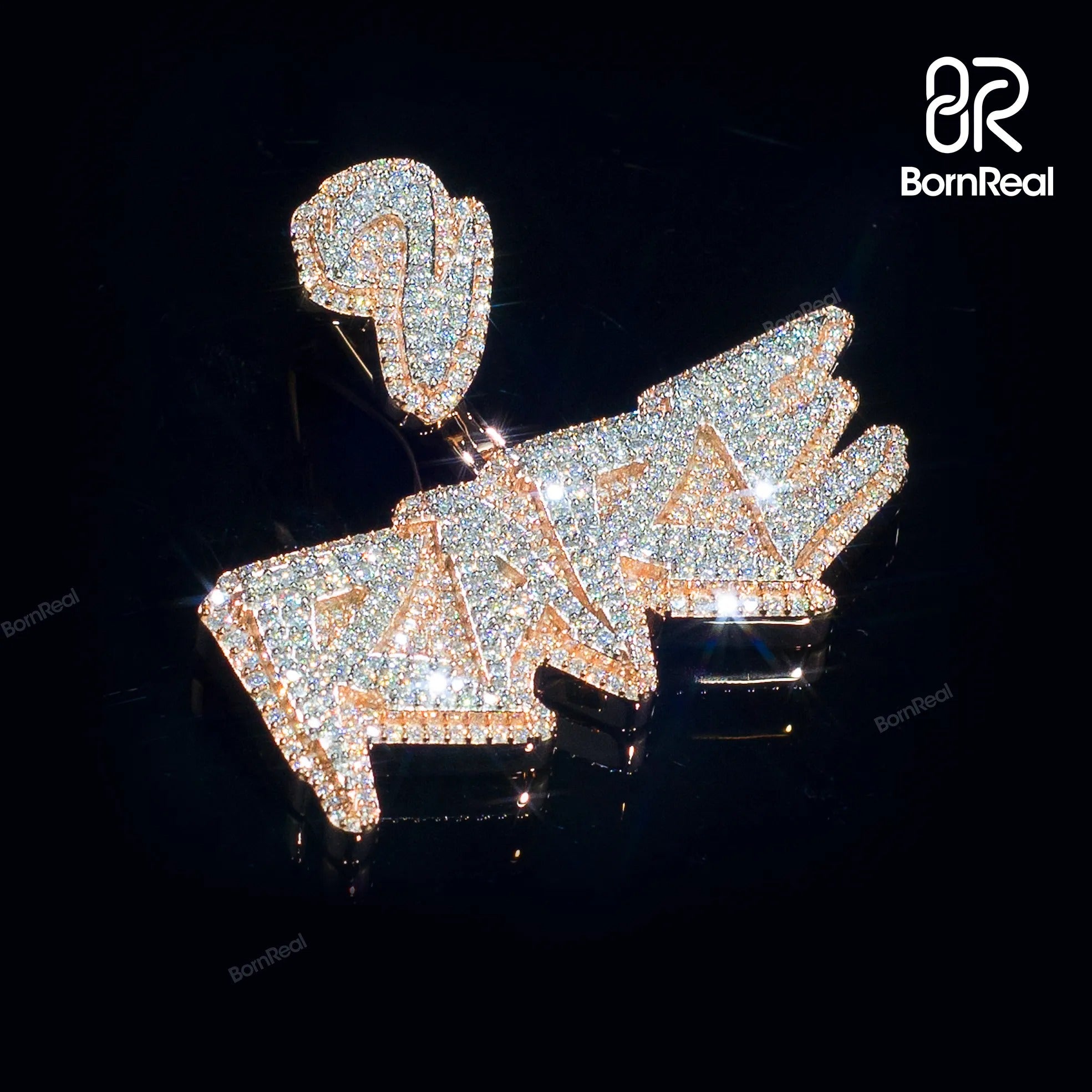 Pendentif personnalisé en argent sterling entièrement glacé en or rose