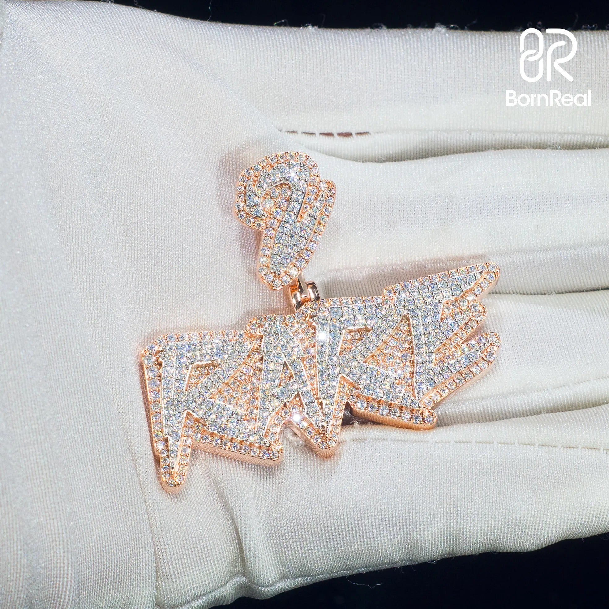 Pendentif personnalisé en argent sterling entièrement glacé en or rose