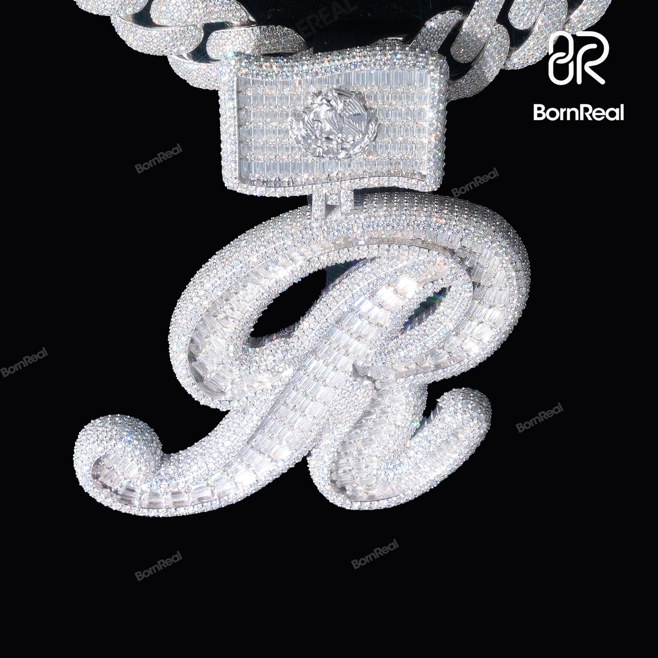 Iced Out R Letter Silver Custom Pendant Initial Pendant Bornreal Jewelry