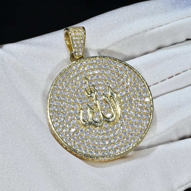 Allah God Arabic Charm D Color Moissanite Diamond 925 Silver Pendant 1.5"
