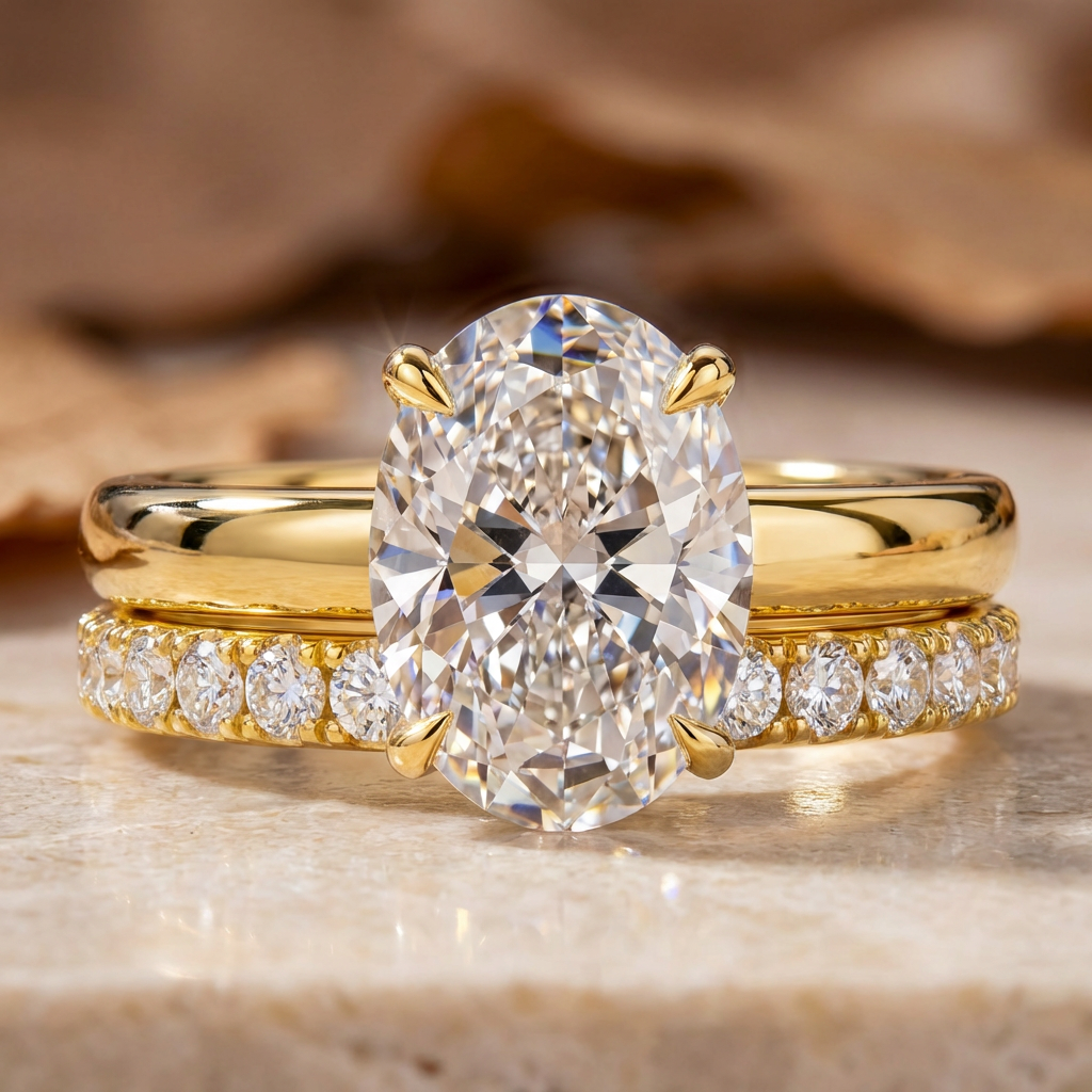 R1008 Oval Cut Four-Prong Plain Band Stackable Solitaire Ring