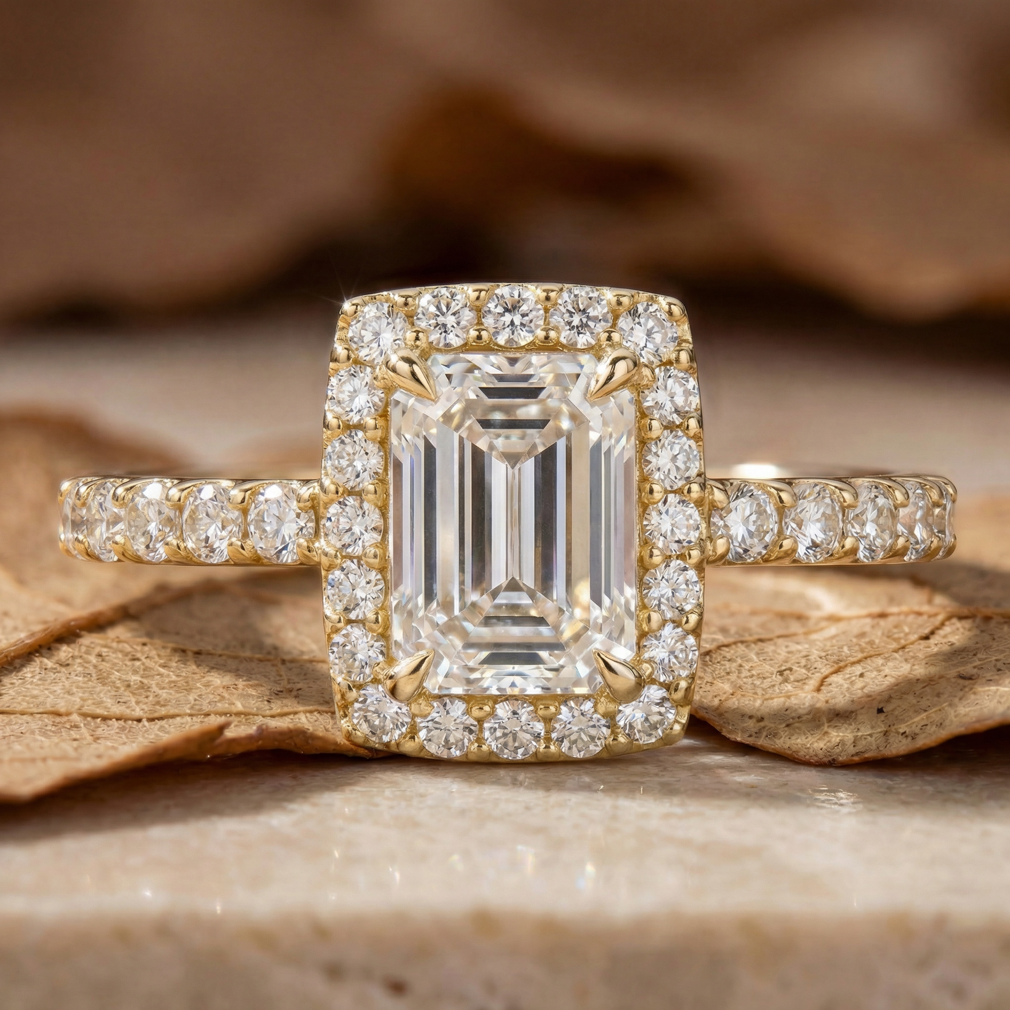 R0417 Emerald Cut Halo Pavé Ring