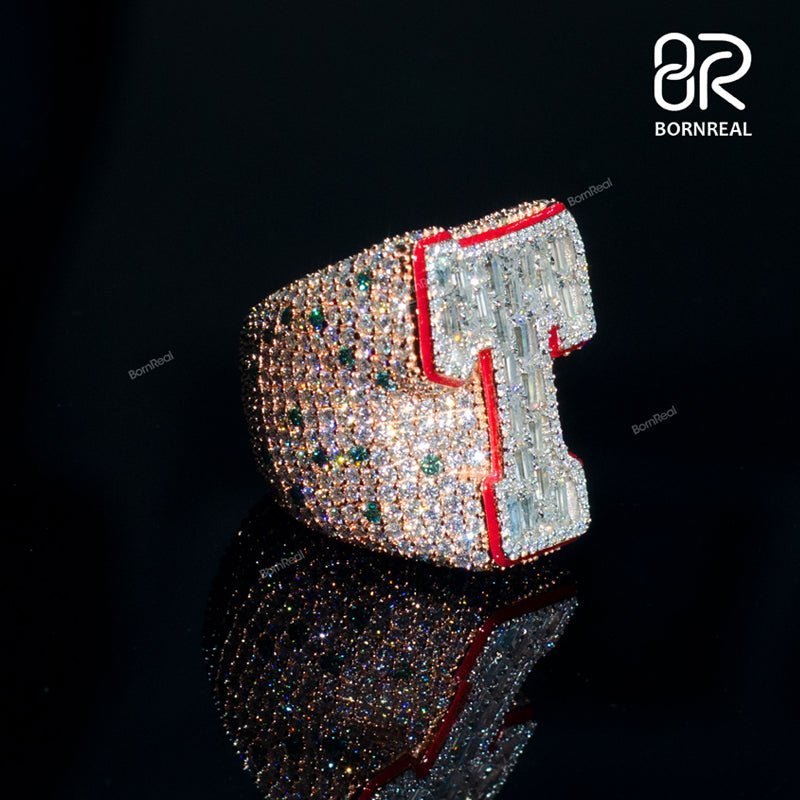 Custom Enamel VVS Baguette Moissanite Diamond Initial Letter Ring