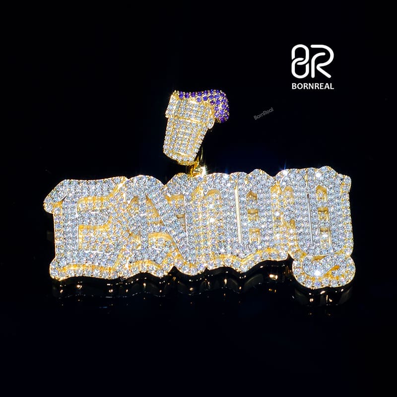 Yellow Gold Round Cut Iced Out Custom Name Pendant with Custom Bail