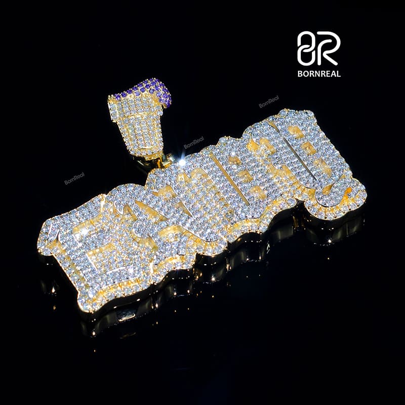 Yellow Gold Round Cut Iced Out Custom Name Pendant with Custom Bail