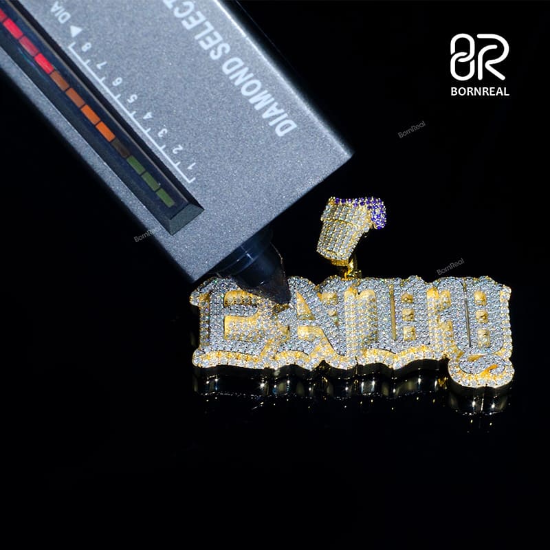 Yellow Gold Round Cut Iced Out Custom Name Pendant with Custom Bail