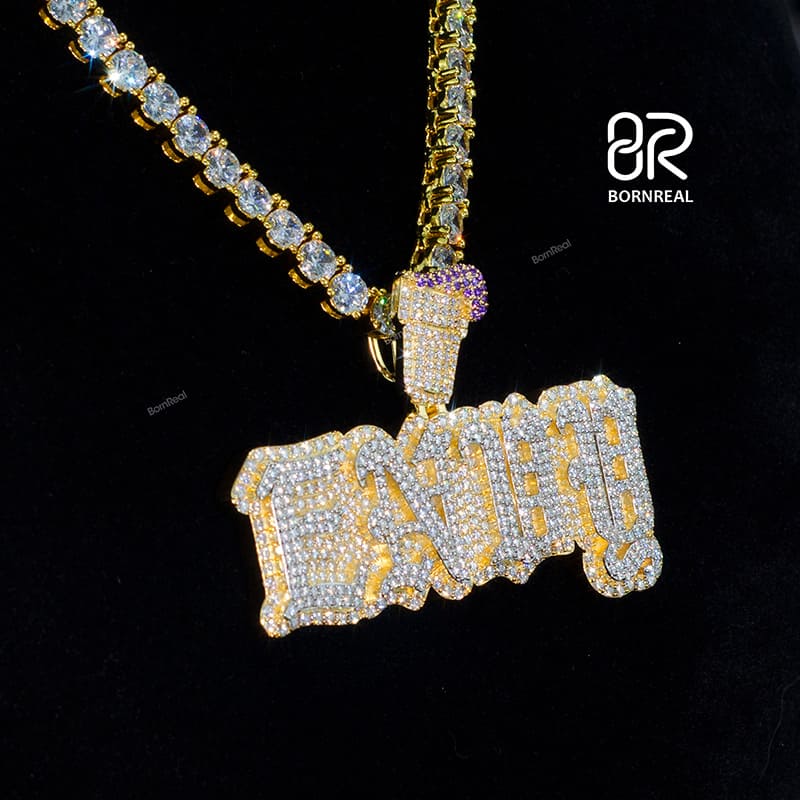 Yellow Gold Round Cut Iced Out Custom Name Pendant with Custom Bail