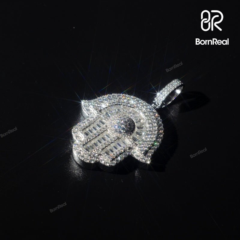 Hamsa Hand D Color Moissanite Diamond 925 Silver Pendant 2"