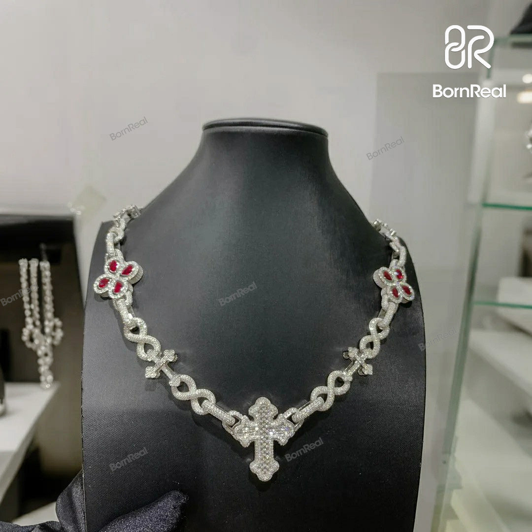 Iced Out 10MM Cross Moissanite Ruby Cuban Link Rapper Chain