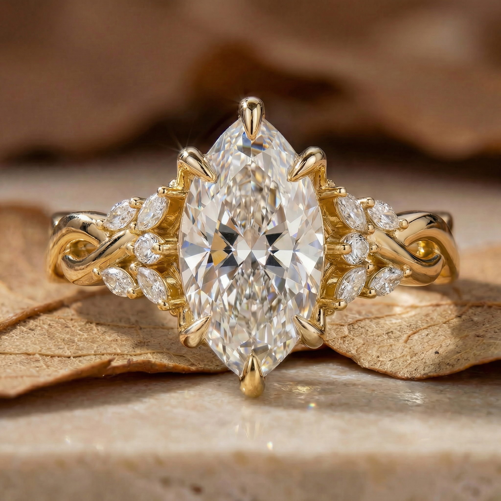 R0883 Marquise Cut Floral Cluster Twisted Band Ring