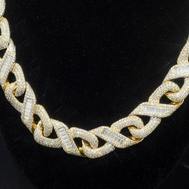 10k Solid Real Gold VVS Baguette Moissanite Cuban Link Chain 14mm