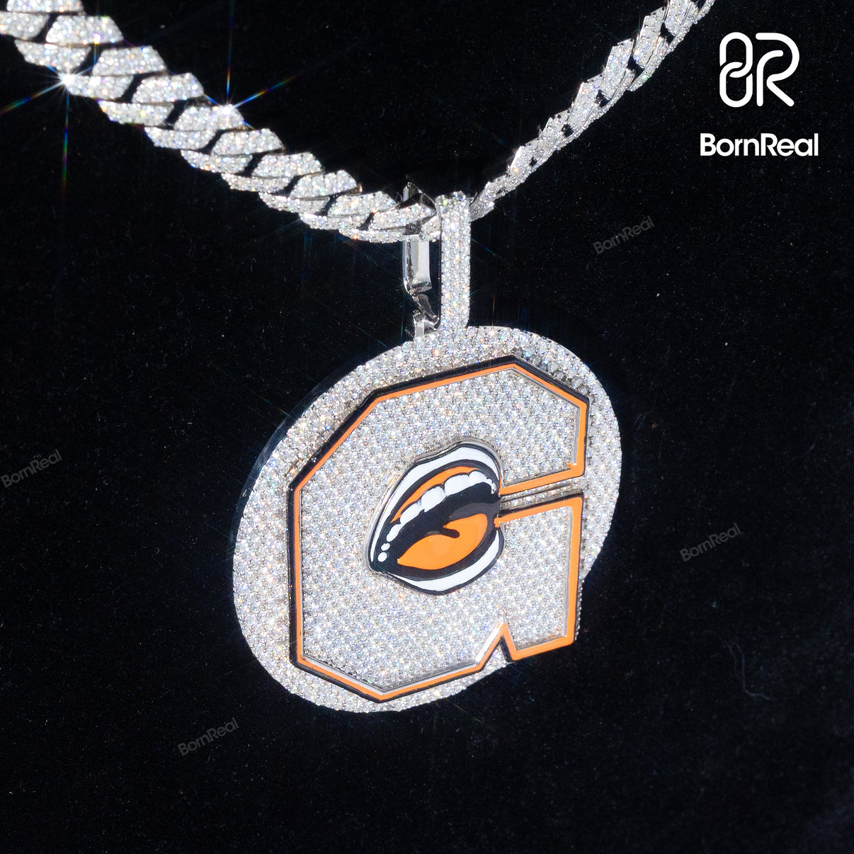 Bornreal x Terry Goofy Jones: Limited Edition Initial G Letter Enamel Mouth and Tongue Pendant VVS Moissanite Sterling Silver Pendant