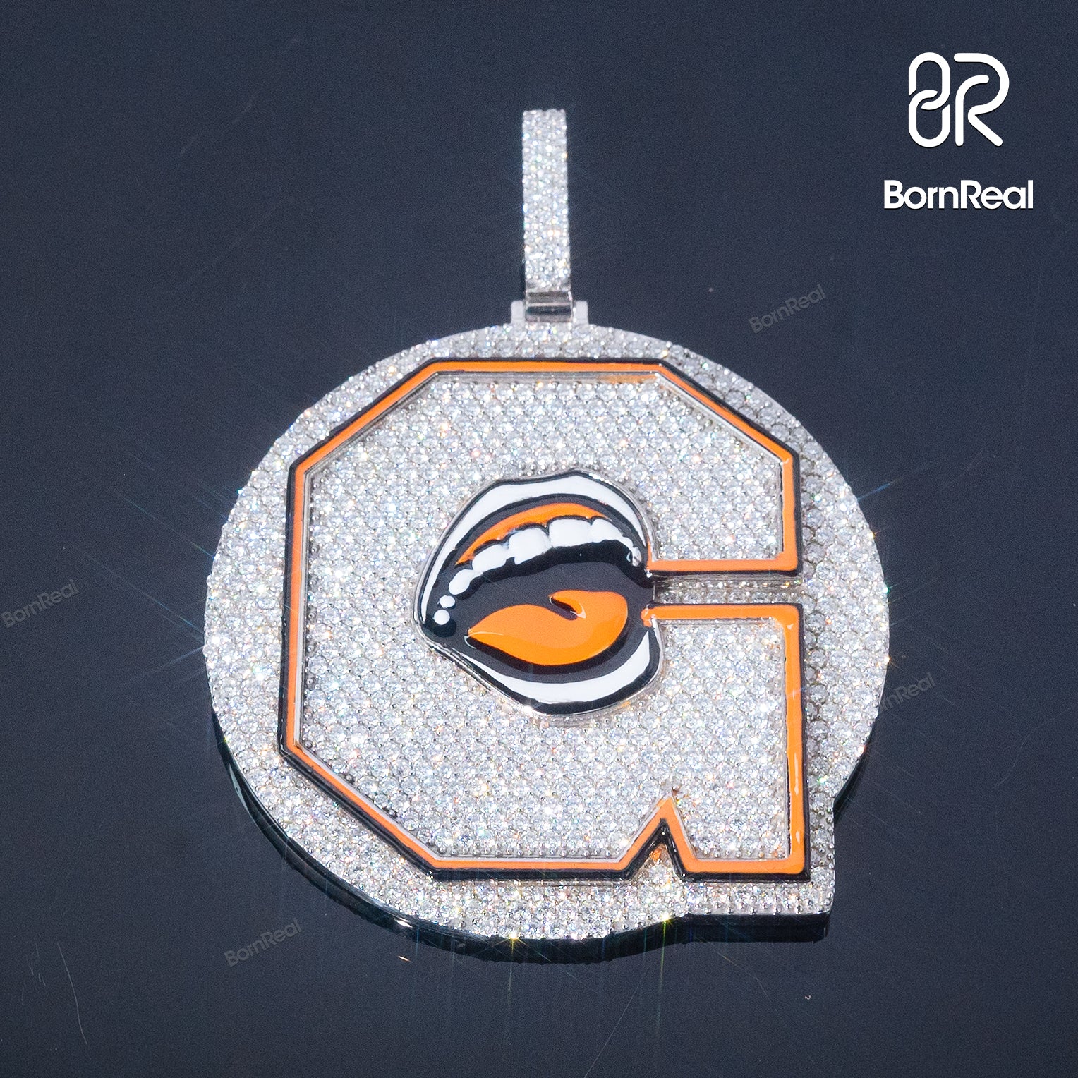 Bornreal x Terry Goofy Jones: Limited Edition Initial G Letter Enamel Mouth and Tongue Pendant VVS Moissanite Sterling Silver Pendant