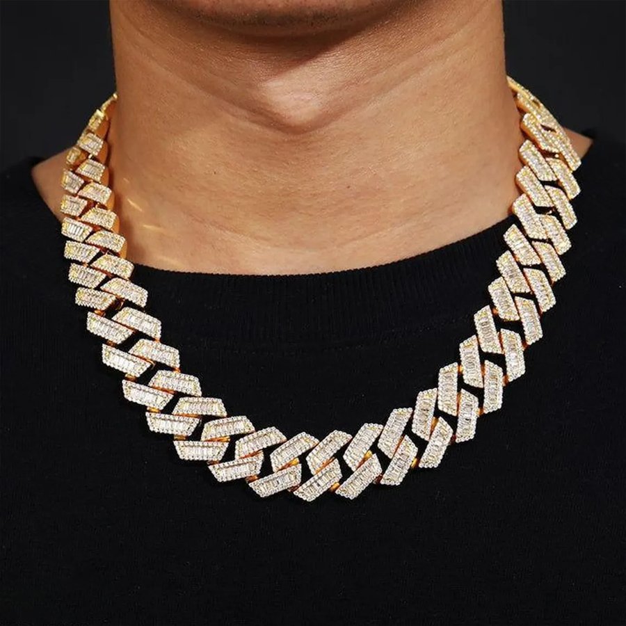 14K Real Gold Baguette Cut Moissanite Cuban Link Chain 18MM