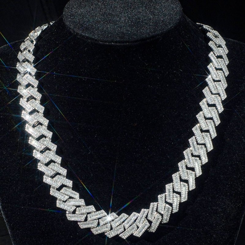 15MM Baguette VVS Moissanite Diamond 925 Silver Cuban Link Chain 15MM