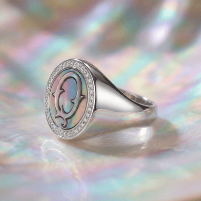 Vintage Fire-Engraved Initial Mother of Pearl Diamond Jewelry Rings