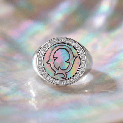 Vintage Fire-Engraved Initial Mother of Pearl Diamond Jewelry Rings