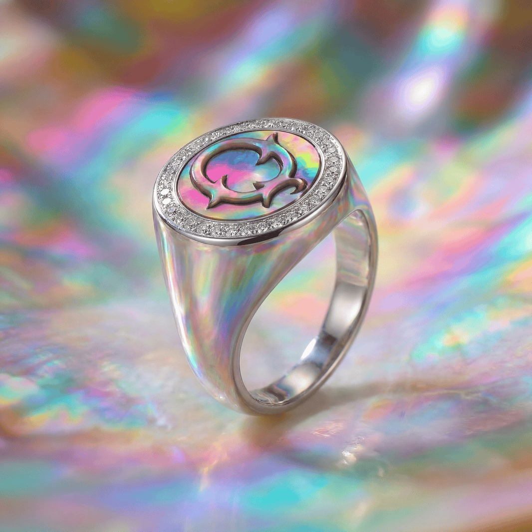 Vintage Fire-Engraved Initial Mother of Pearl Diamond Jewelry Rings