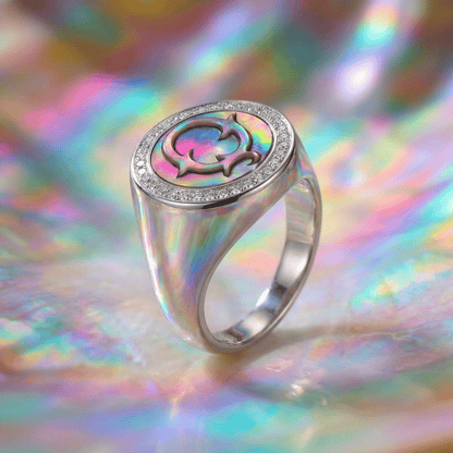 Vintage Fire-Engraved Initial Mother of Pearl Diamond Jewelry Rings