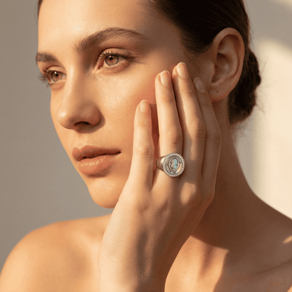 Vintage Fire-Engraved Initial Mother of Pearl Diamond Jewelry Rings