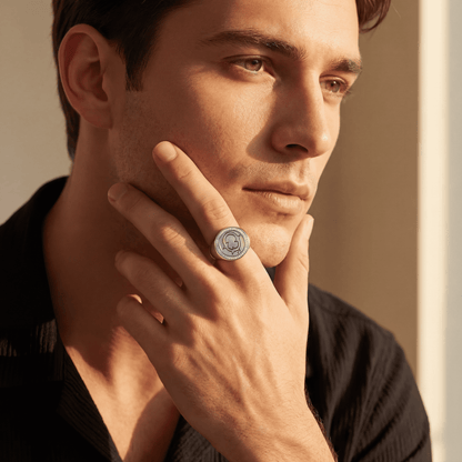 Vintage Fire-Engraved Initial Mother of Pearl Diamond Jewelry Rings