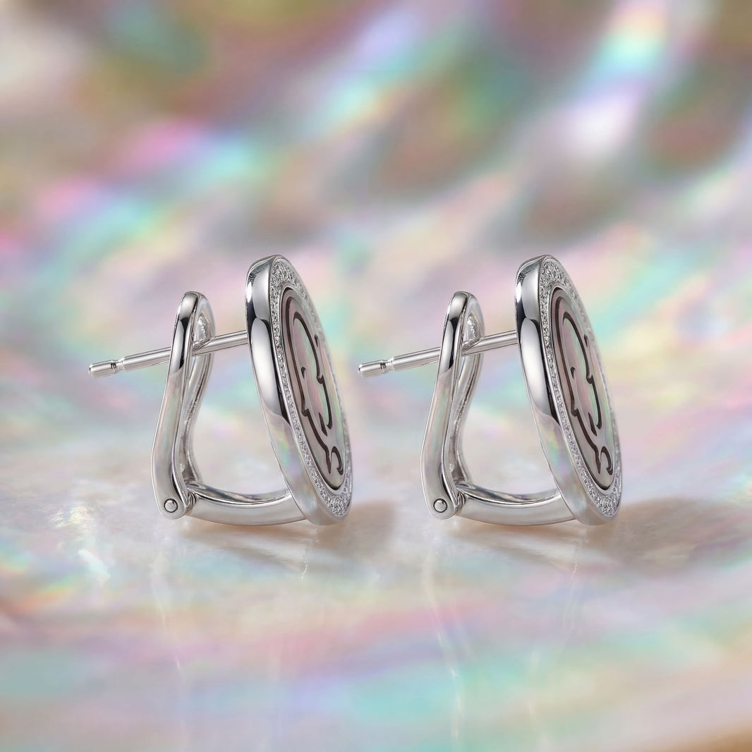 Vintage Fire-Engraved Initial Mother of Pearl Diamond Jewelry Earrings