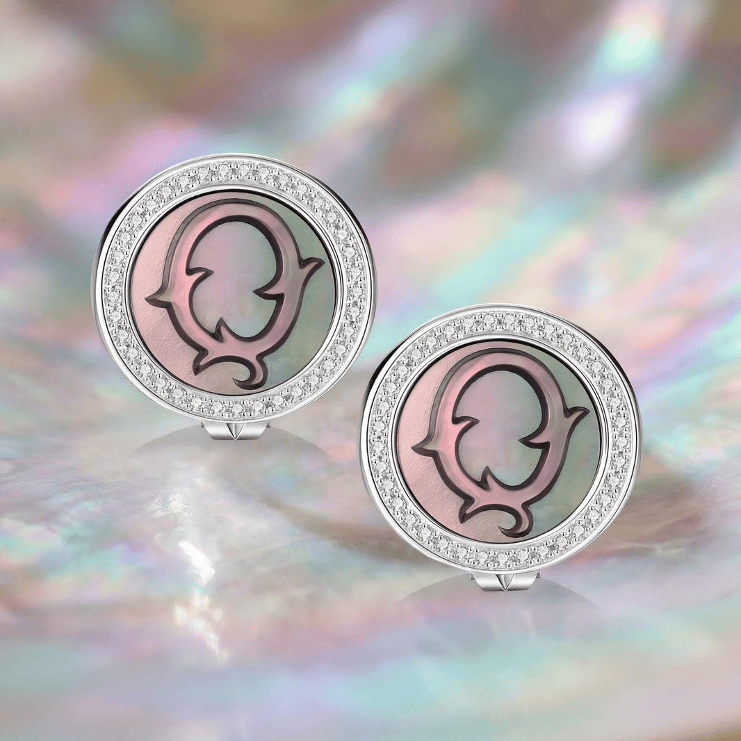 Vintage Fire-Engraved Initial Mother of Pearl Diamond Jewelry Earrings