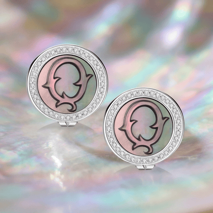 Vintage Fire-Engraved Initial Mother of Pearl Diamond Jewelry Earrings