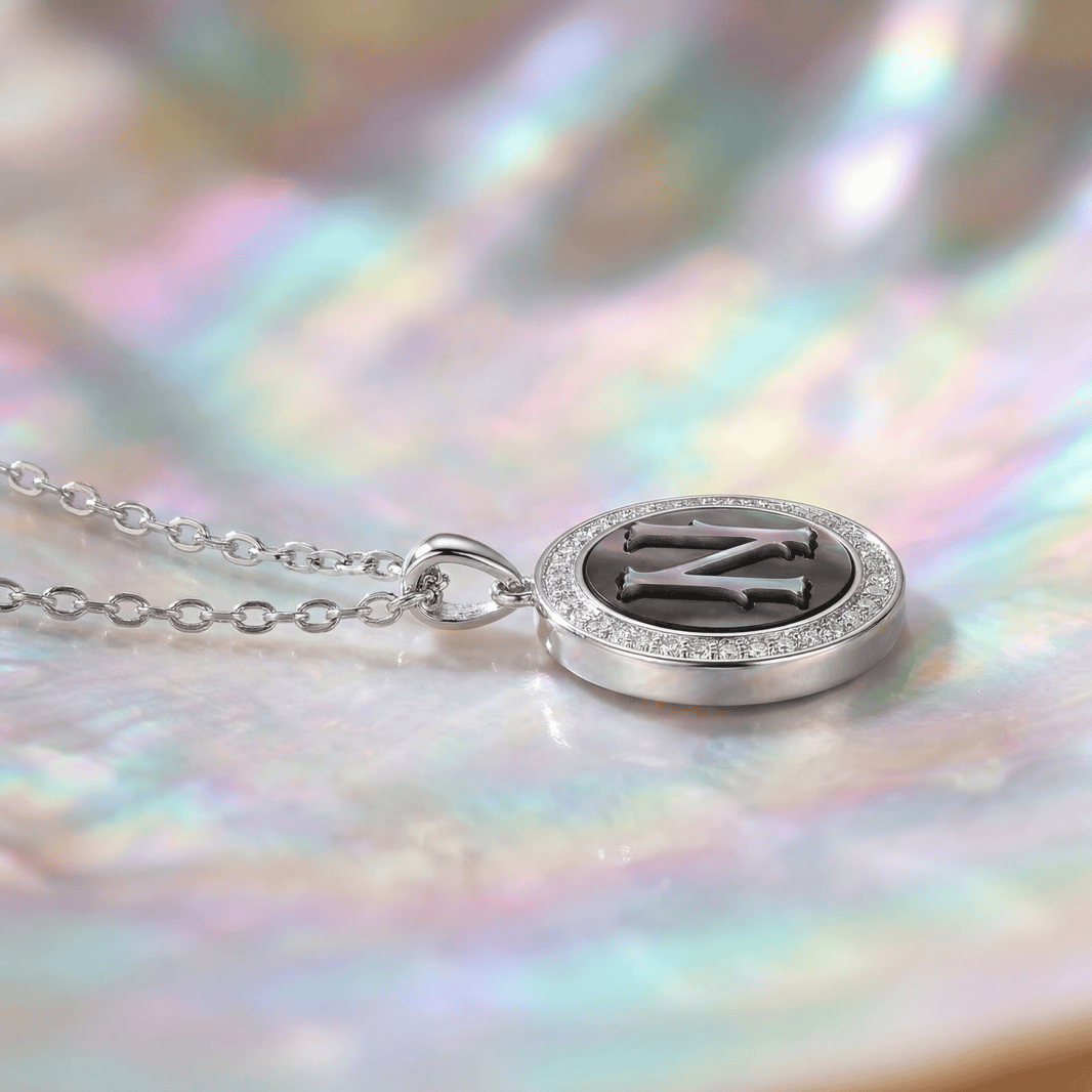 Vintage Fire-Engraved Initial Mother of Pearl Diamond Jewelry Necklaces