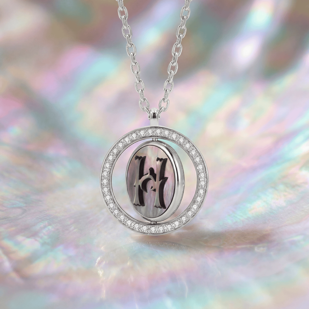 Spinning Vintage Fire-Engraved Initial Mother of Pearl Diamond Jewelry Necklaces