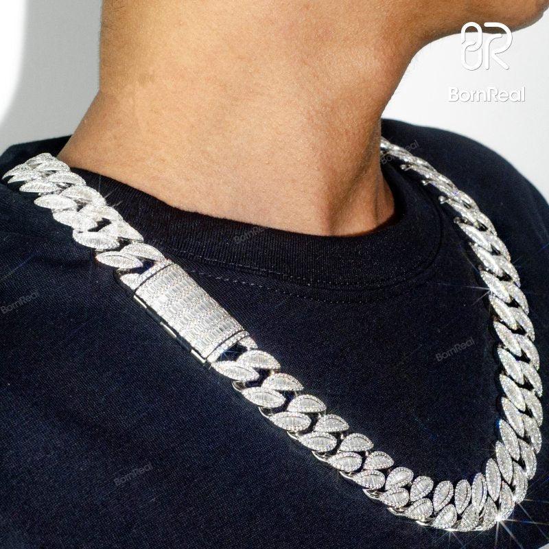 18mm Crescent VVS Diamond 925 Silver Moissanite Cuban Link Chain