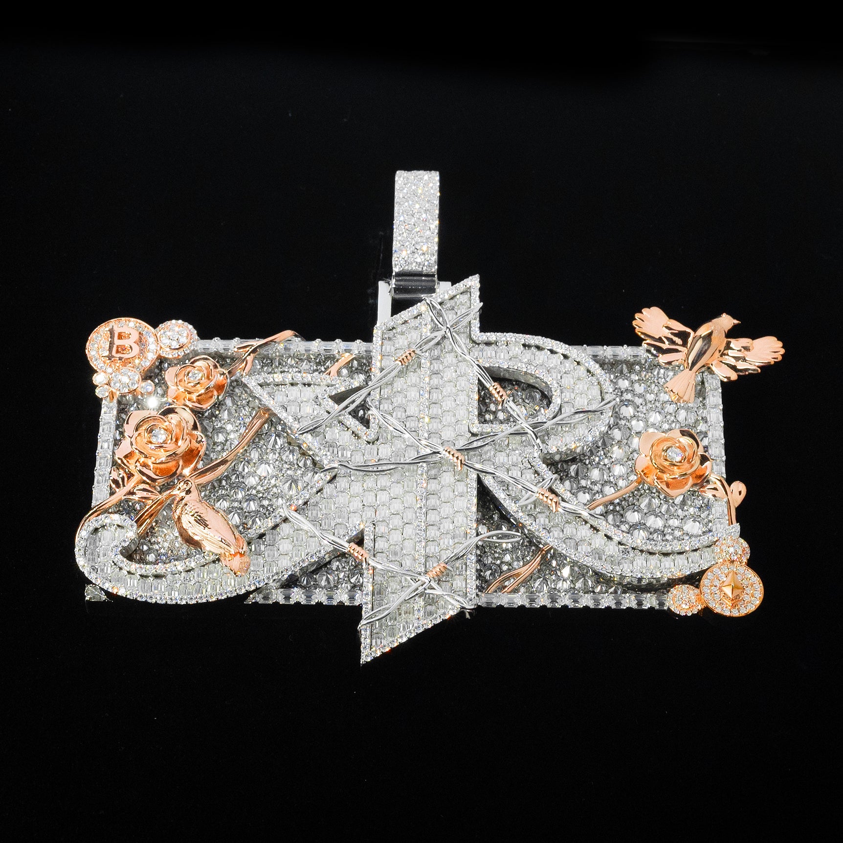 Custom Iced Two-Tone Moissanite Thorned Rose Cross Pendant