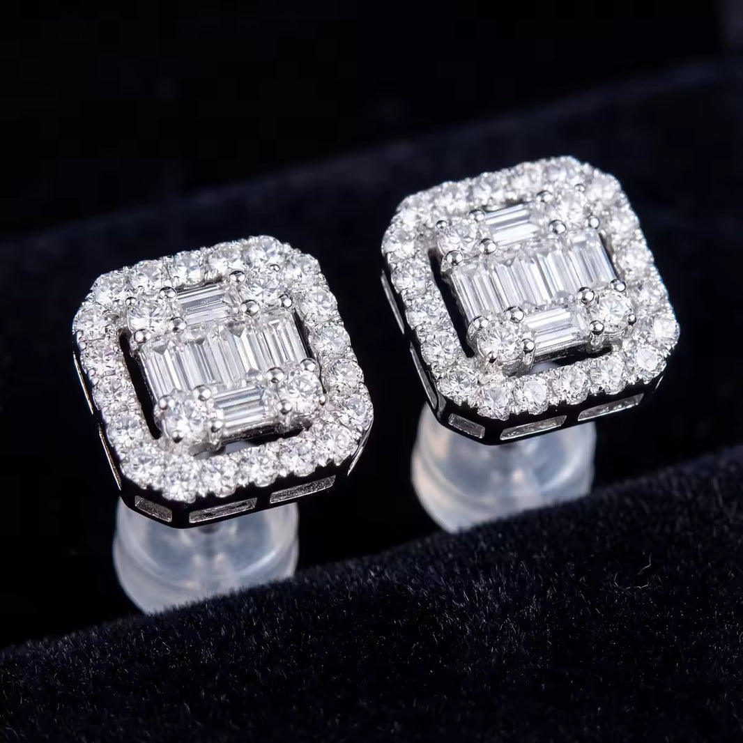 Iced 925 Silver Round Baguette Cut Square Halo Stud Earring
