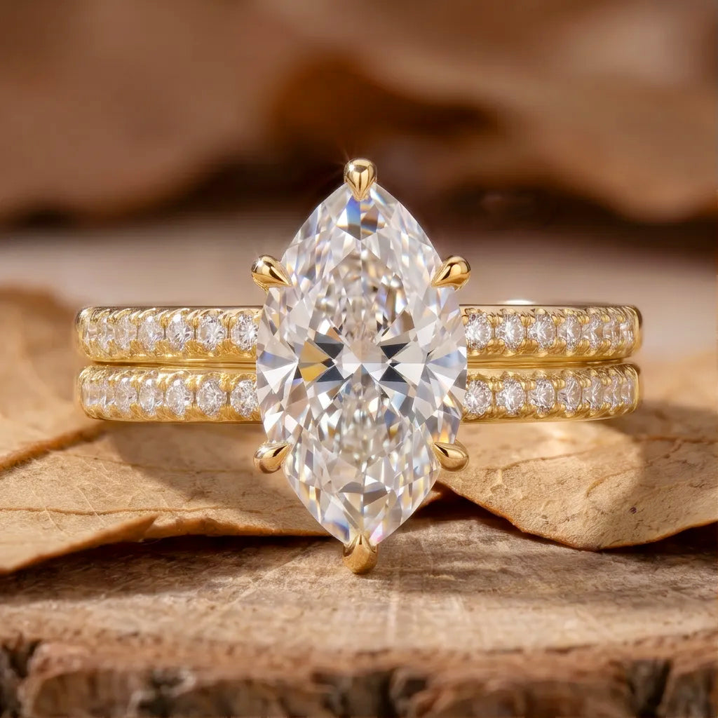 R0171 Marquise Cut Six-Prong Double Pavé Band Ring