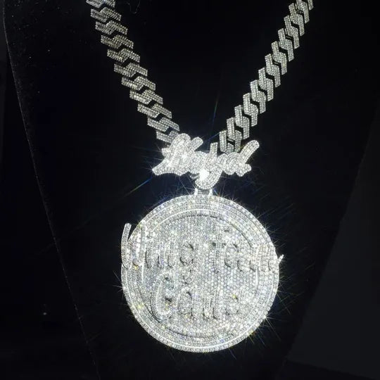 Round Cut White Gold Circle Custom  Pendant with Custom Name Bail