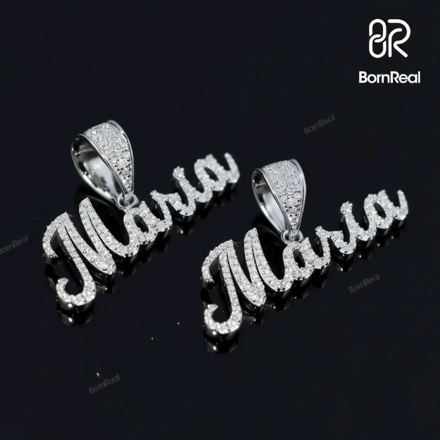 (2 Pcs) Iced Out 925 Silver Custom Name Cursive Pendant