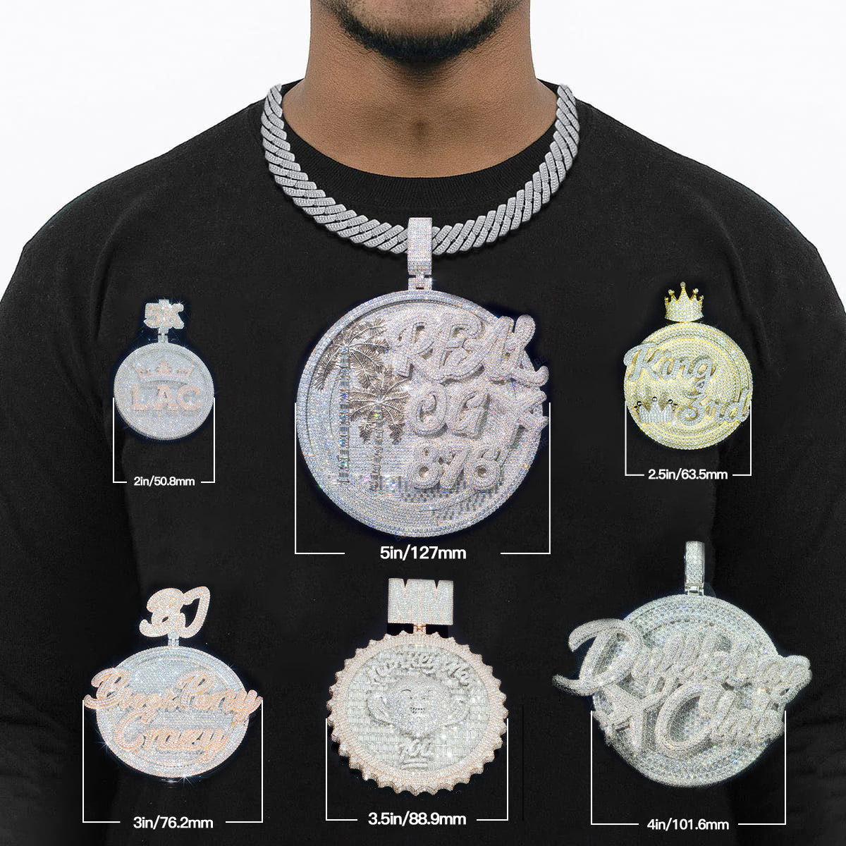 Pendentif personnalisé en forme de cercle glacé taille baguette en pierre noire et blanche