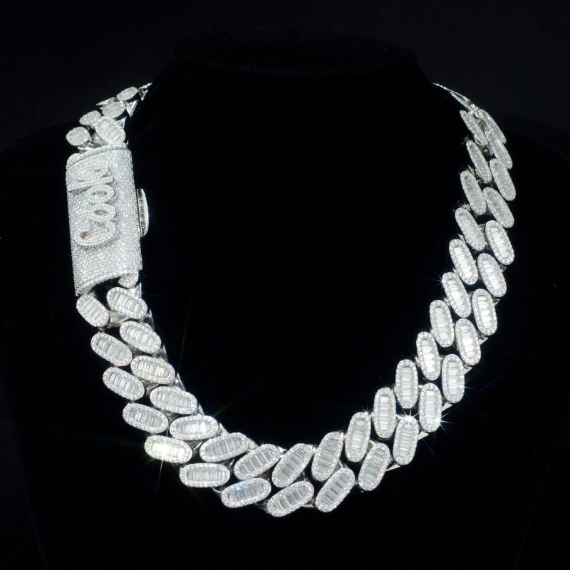 24mm Baguette VVS Diamond 925 Silver Moissanite Cuban Link Chain