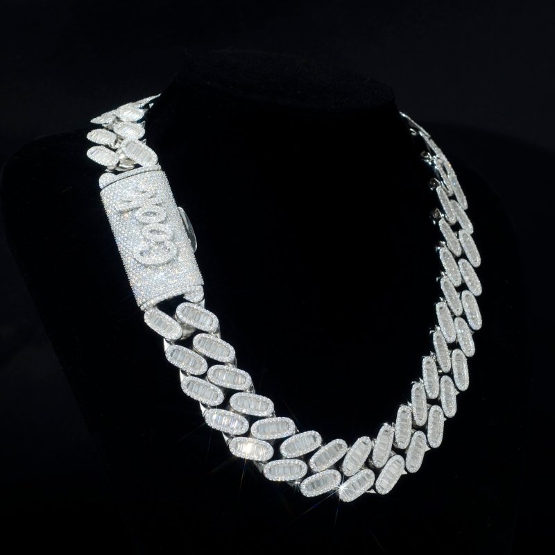 24mm Baguette VVS Diamond 925 Silver Moissanite Cuban Link Chain