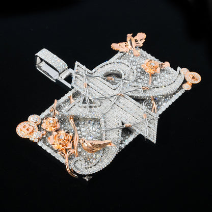 Custom Iced Two-Tone Moissanite Thorned Rose Cross Pendant