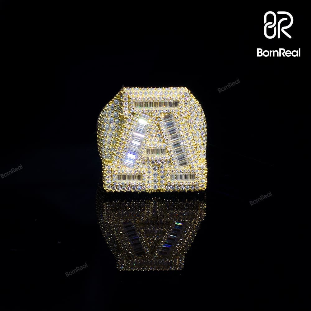 Custom Iced Out VVS Moissanite Baguette Diamond Hip Hop Initial Letter Ring Bornreal Jewelry - Bornreal Jewelry
