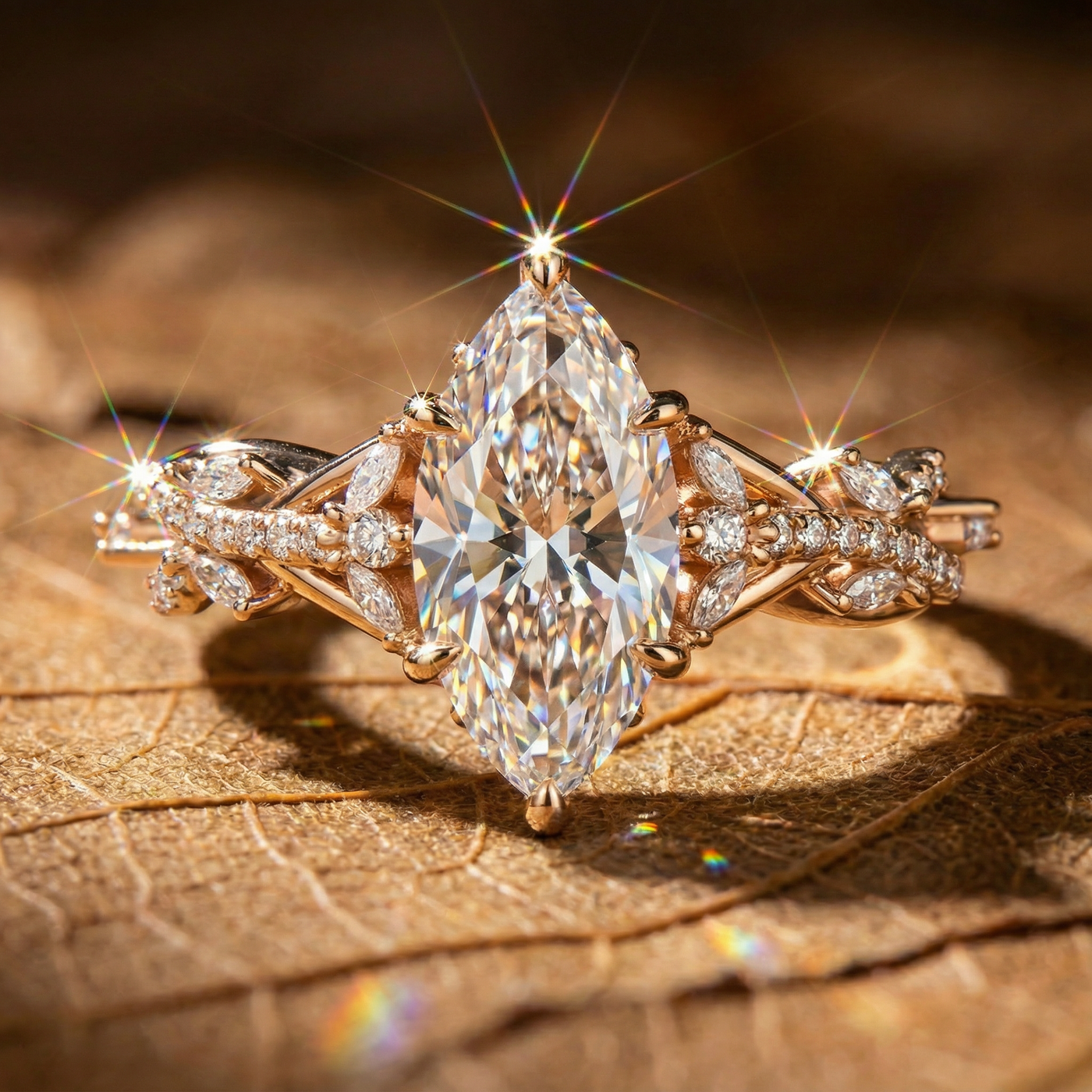 R0997 Marquise Cut Rose Gold Vine Leaf Pavé Band Ring
