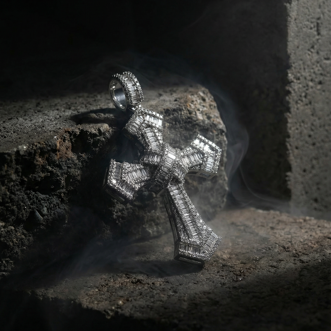 Baguette Faith Cross Pendant 925 Silver Jewelry 1.5 inch