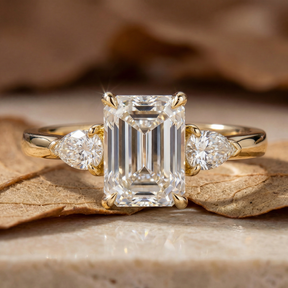 R0983 Emerald Cut Trilogy Pear Side Stones Ring